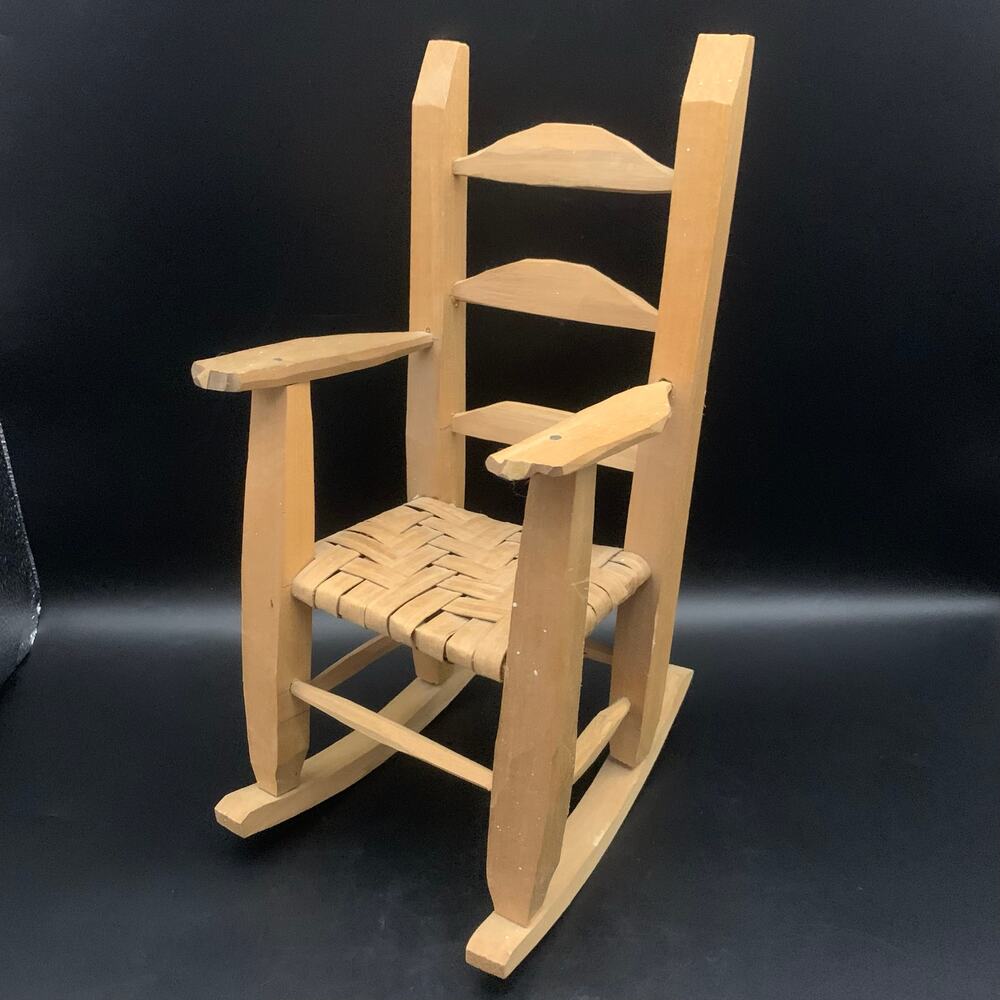Vintage Wooden Doll Toy Rocking Chair 13" Tall Cane Woven Seat Wood